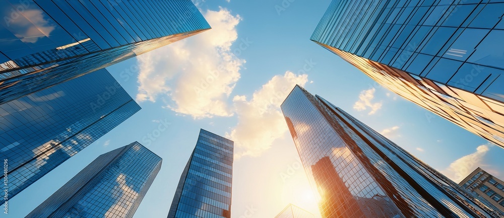 Poster a low angle view of a skyscraper emphasizes the structure from its base to its peak