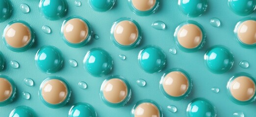 Colorful turquoise and beige spheres with water droplets on textured background, copy space for text
