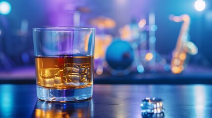 Whiskey In A Jazz Lounge. A sleek glass of whiskey on a polished bar counter during a live jazz performance. Picture the amber catching the stage lights as a saxophone gleams nearby. 