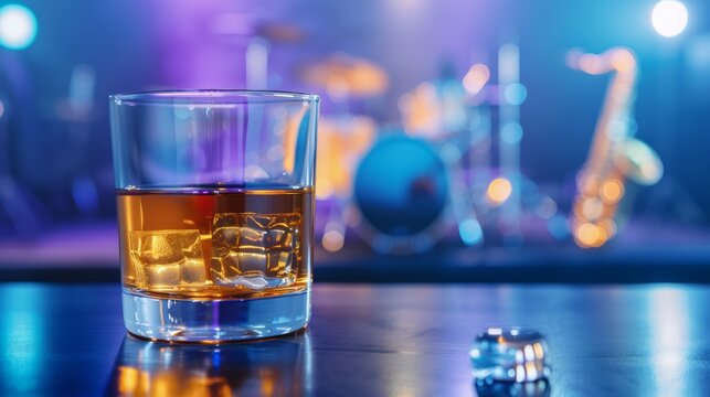 Whiskey In A Jazz Lounge. A sleek glass of whiskey on a polished bar counter during a live jazz performance. Picture the amber catching the stage lights as a saxophone gleams nearby. 