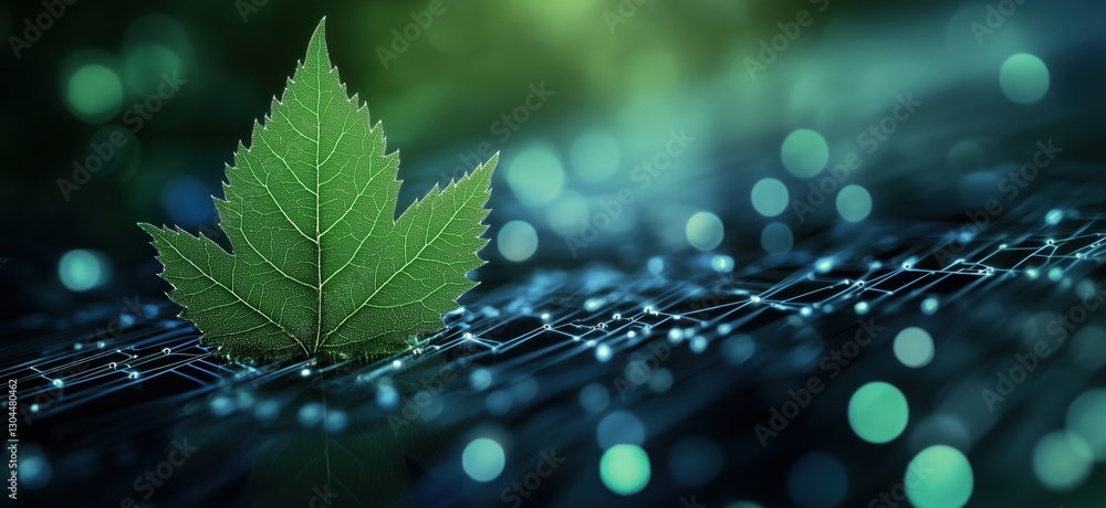 Aufkleber green leaf on digital circuit background representing nature and technology integration, copy space 