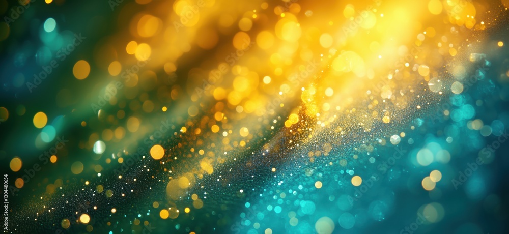Poster colorful bokeh background with golden and teal sparkling lights and textures, copy space for text