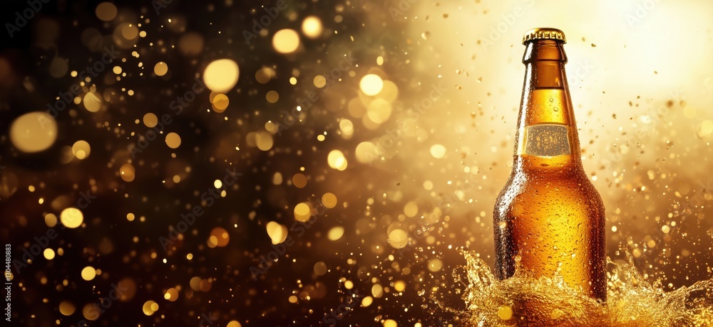 Aufkleber golden beer bottle splashing in sparkling background with bokeh lights, copy space for text