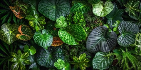 Fototapeta premium Lush Tropical Green Leaf Foliage Background Featuring Anthurium, Epiphytes, And Ferns
