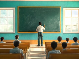 Teacher standing in front of a blackboard, holding chalk, in a bright classroom filled with students