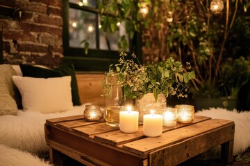 DIY Wooden Table Decor With Candles and Plants in a Cozy Indoor Setting at Night