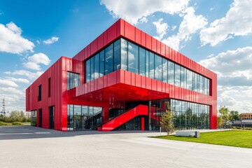 Obraz premium A contemporary office building's exterior boasts a bold red and white design, complemented by glass windows and a blue sky backdrop