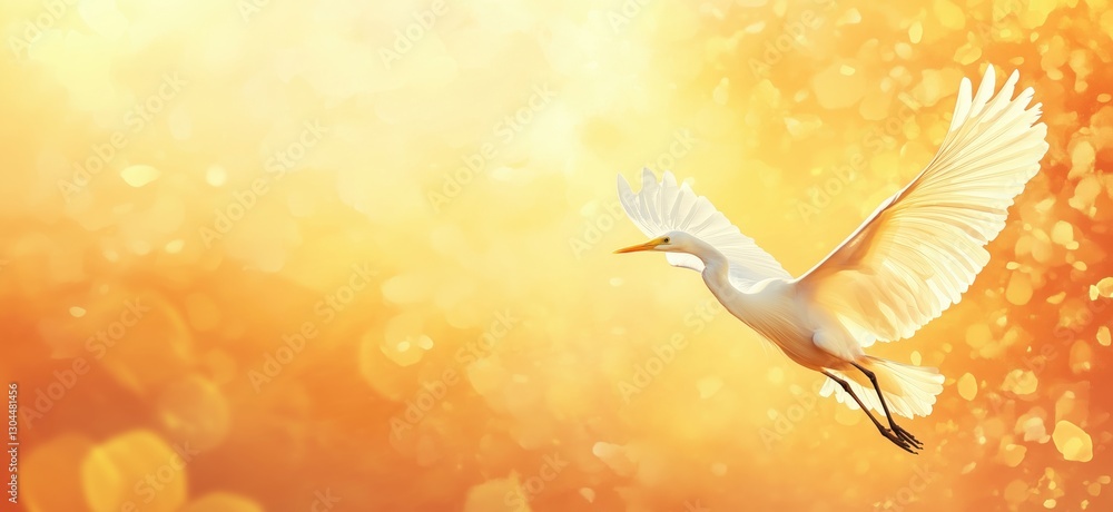 Poster elegant white bird soaring against a warm golden background with soft bokeh effects, copy space for 