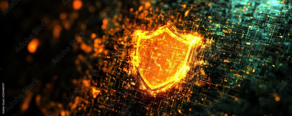 Poster digital shield symbolizing cybersecurity and data protection in a glowing network background, copy s