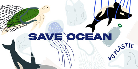 Save ocean banner design. No plastic. Ocean plastic pollution retro poster. Ecology protecting. Save the environment, zero waste and recycle concept. Eco friendly lifestyle. Turtle, whale, jellyfish