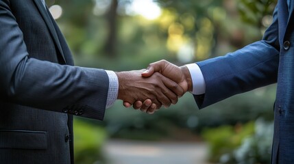 Business partnership agreement outdoor park photo natural setting close-up trust building