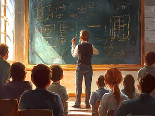 Teacher standing in front of a blackboard, holding chalk, in a bright classroom filled with students