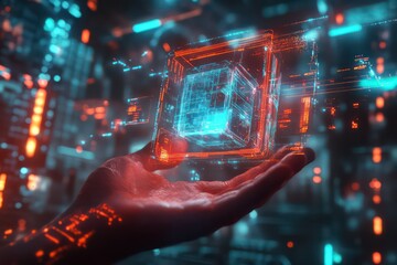 'A digital concept of a person holding a floating cube hologram in their hands, surrounded by glowing data projections and virtual interface elements.