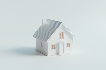 A minimalist 3D model of a house is presented on a white background