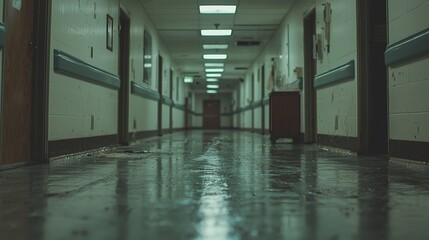 The spotlessness and serenity of a vacant hospital corridor symbolize availability and organization