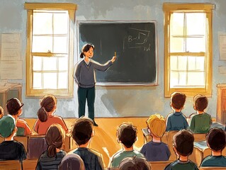 Teacher standing in front of a blackboard, holding chalk, in a bright classroom filled with students