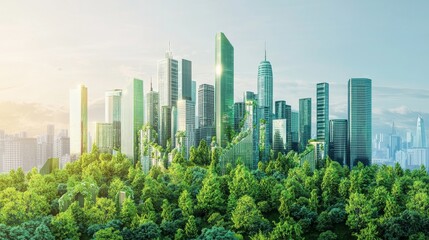 Obraz premium The cityscape features tall glass structures and abundant green trees, all enveloped by a thriving forest