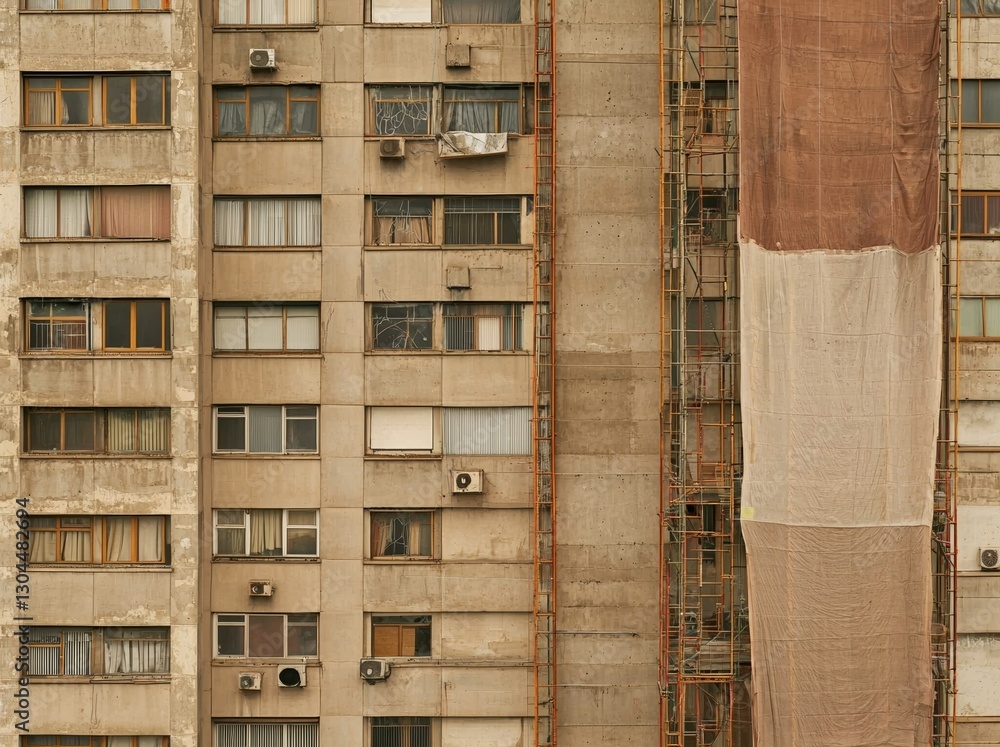 Poster restoration of the building facade requires scaffolding on the multi-storey structure