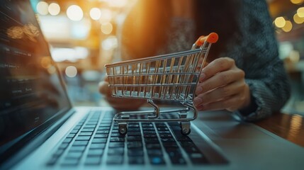 Digital shopping experience engaging users with laptops and cart interactions
