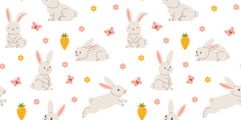 Fototapeta premium Seamless background with cute bunnies, Easter Rabbits, spring flowers and butterflies. vector illustration.