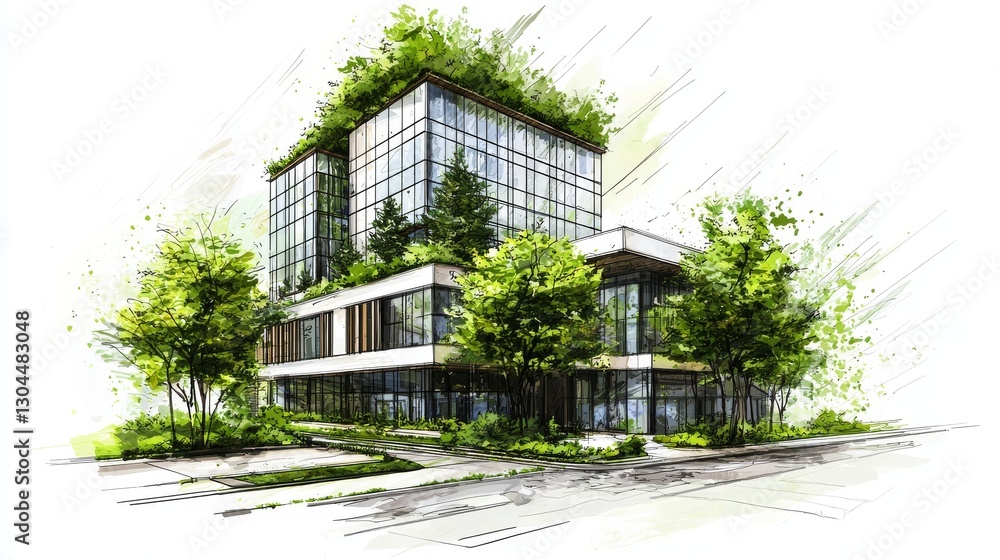 Poster sketching city buildings in 3d with green trees on a white background involves precise line drawing