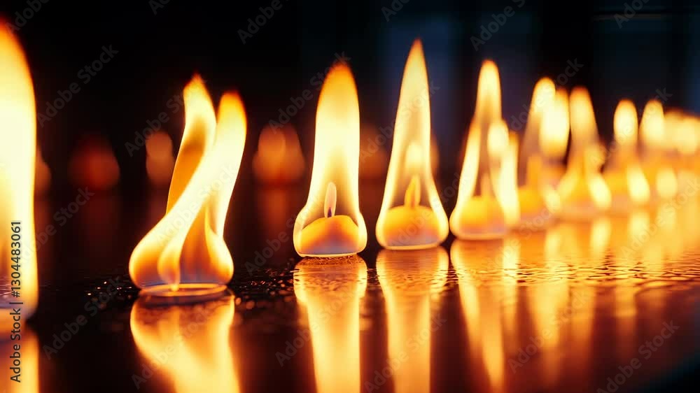 Poster realistic fire flames burning on a reflective surface with a bokeh effect in the background, creatin