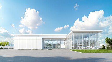 Obraz premium The image features a modern office and large factory building under the sky, made using generative AI