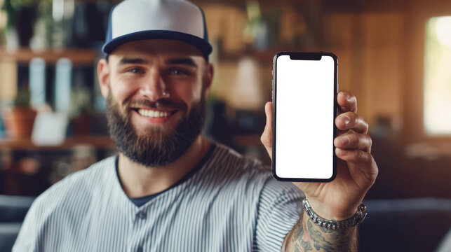 A strong, confident baseball player holds a cell phone with an empty screen in his hand. Phone mockup. An attractive man with a beard and wearing a cap is holding an advertisement for a mobile app