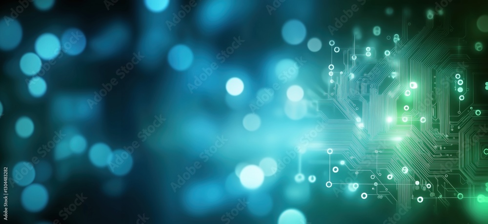 Poster abstract technology background with circuit board and glowing blue bokeh lights, copy space for text