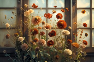 A free-spirited arrangement of wildflowers in rich, earthy tones with a soft, rustic background