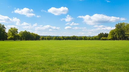 Bright Sunny Day Landscape with Lush Green Field and Blue Sky