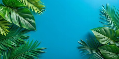 Vibrant tropical leaves create a stunning abstract background with rich green tones and blue aesthetics background composition, minimalism, wallpaper, AI,