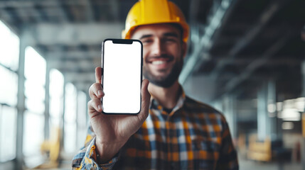 Life insurance. A happy construction worker holds a cell phone with a white screen in his hand and smiles against the background of the construction site. Phone mockup