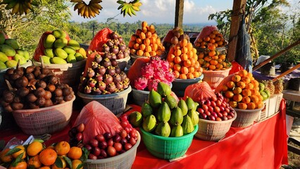 Exotic tropical fruits on a tray for sale, tropical fruits at a roadside market in Bali