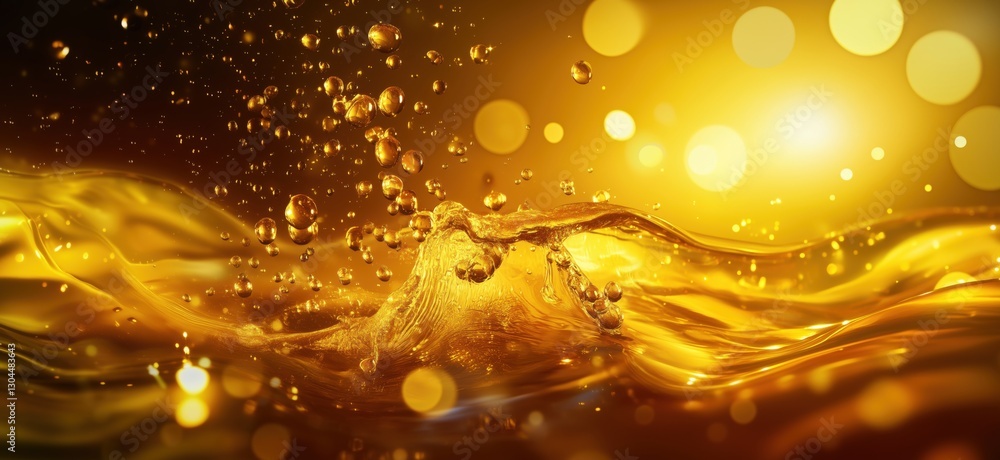 Poster golden liquid splash with bubbles and shimmering light effects in abstract background, copy space fo