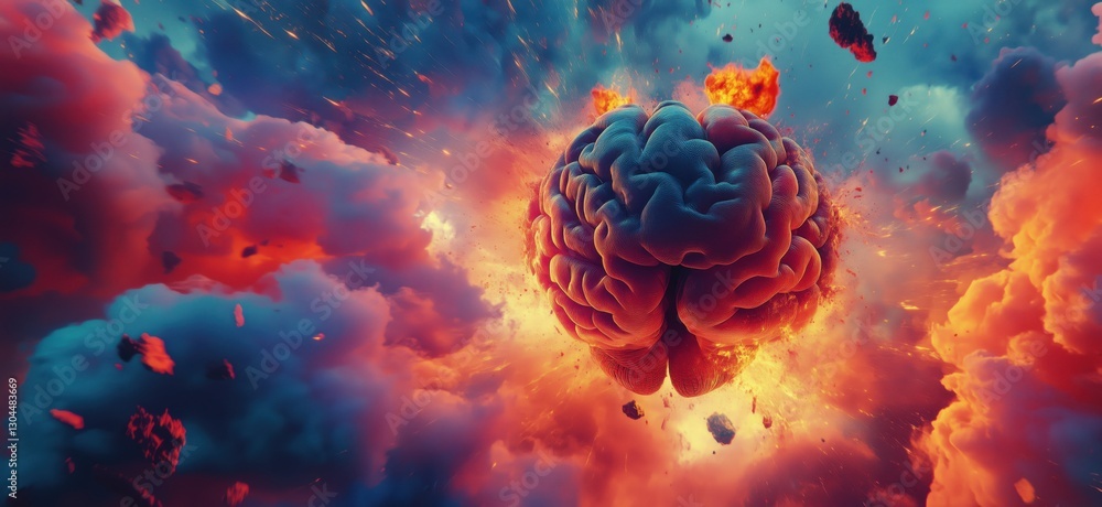 Poster explosive brain concept representing creativity and intelligence in abstract art, copy space for tex