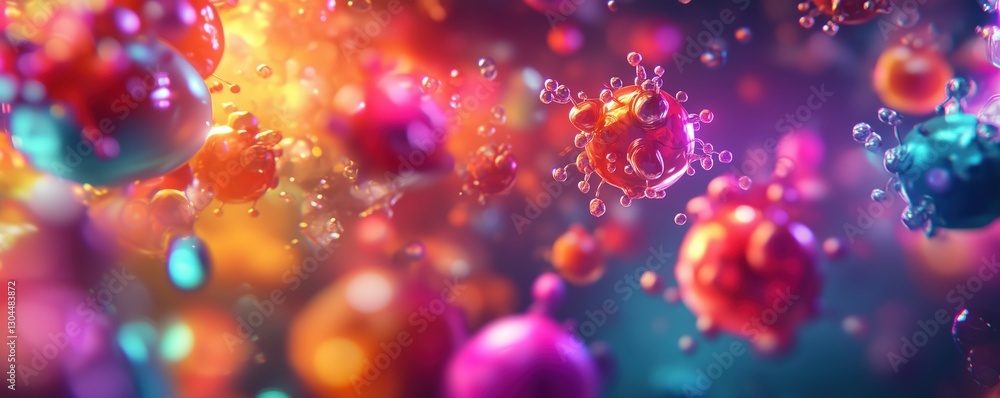 Poster colorful abstract representation of molecular structures and particles in vibrant hues, copy space f
