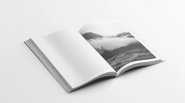 A sleek, white magazine mock-up, featuring a minimalist cover design and a glimpse of an engaging interior spread, lay open on a pristine white table, ready to showcase its creative potential.