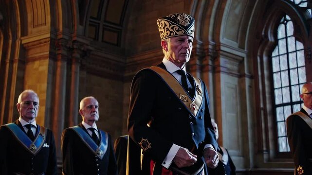 Freemason grand master leading a ceremony in a masonic temple