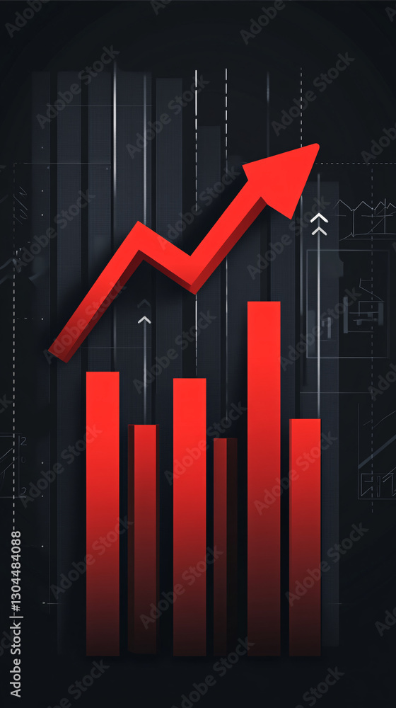 Poster a growth chart with red bars and arrows pointing upward on a dark background