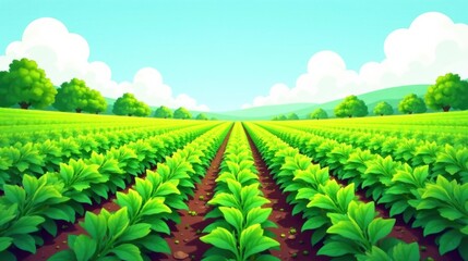 Vibrant Green Field of Lush Crops Under a Sunny Sky with Rolling Hills in the Distance