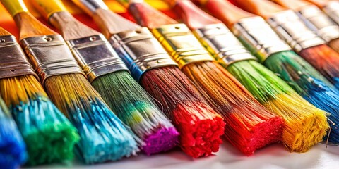 Fototapeta premium Colorful Dirty Paint Brushes on White Background - Artistic Messy Studio Still Life