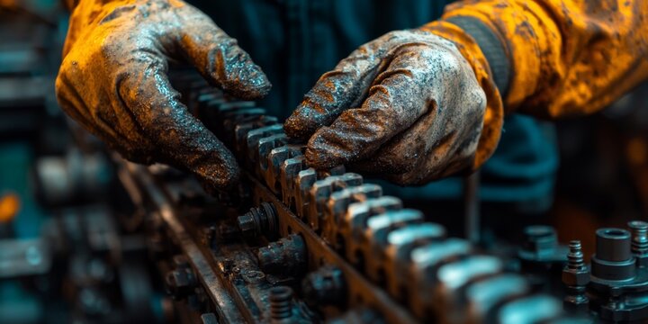 Mechanic working on industrial chain with dirty gloves in workshop