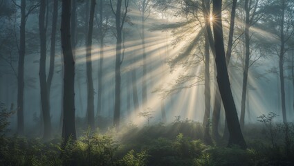 Obraz premium 静寂の森に差し込む光のカーテン