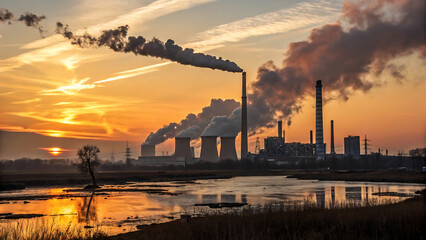 Fototapeta premium Industrial Factory Emitting Thick Smoke from Chimneys at Sunset, Depicting Air Pollution, Environmental Damage, and the Impact of Industrialization on Nature