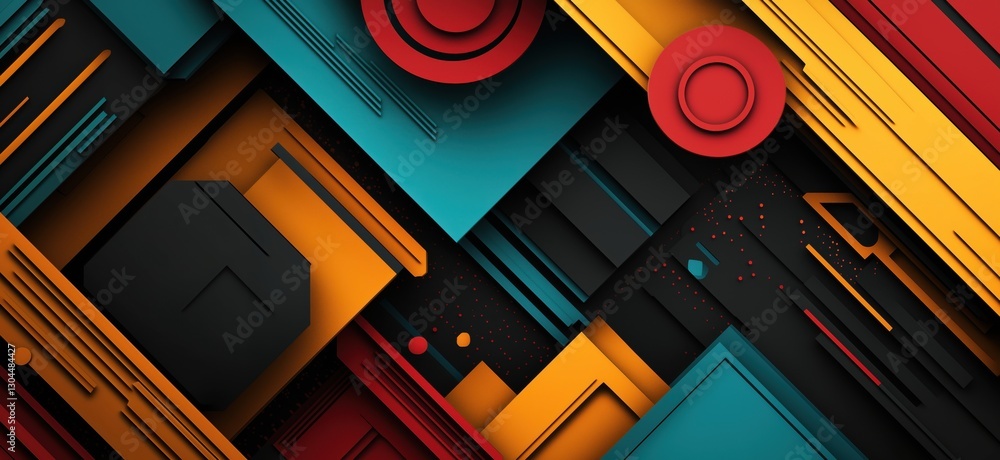 Poster colorful abstract geometric shapes with layered textures and dynamic lines, copy space for text