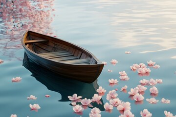Fototapeta premium boat on the lake with pink flower