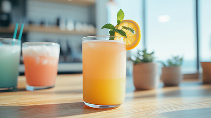 Beachfront Cafe Serving Summer Drinks for Vacationers, Refreshing summer drinks at beachfront cafe