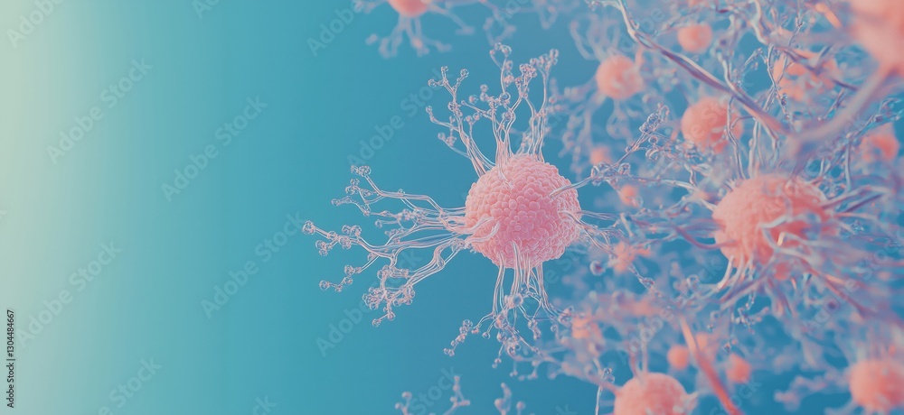 Poster microscopic view of pink and blue cells with intricate structures and details, copy space for text