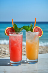 Beachfront Cafe Serving Summer Drinks for Vacationers, Colorful summer drinks by beachfront cafe